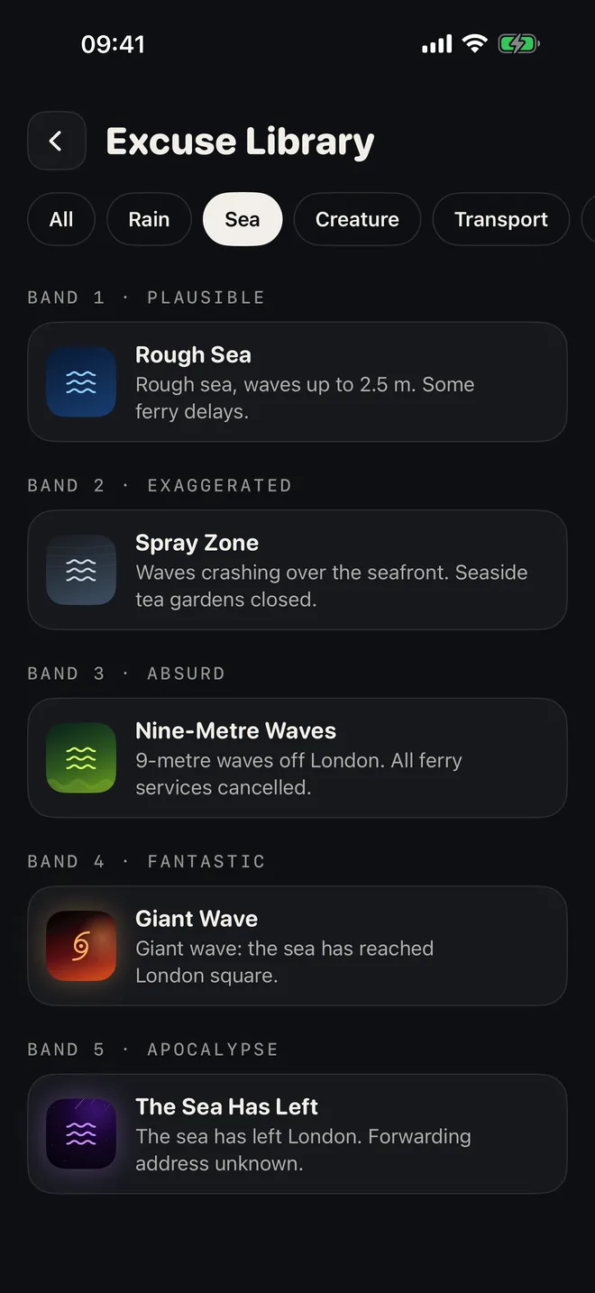 The Excuse Library listing sea-themed scenarios by band